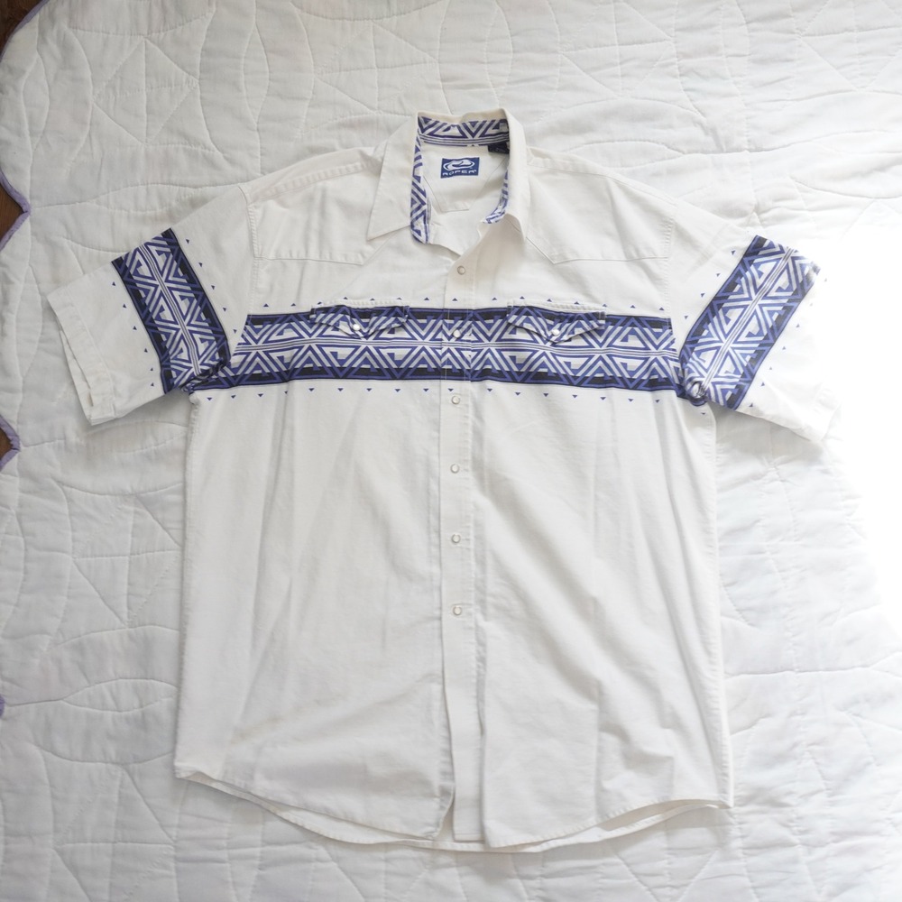 VTG ROPER Mens 2XL Short Sleeve White Blue Geometric Print‎ Western Snap Shirt